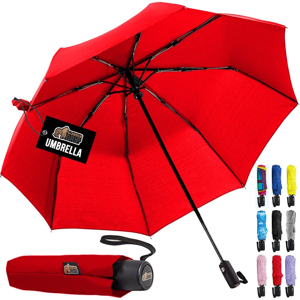 GORILLA GRIP Strong Windproof Stick Compact Umbrella for Rain, One-Click Automatic Open and Close, Durable Quick Dry Waterproof Material, Lightweight and Portable, Travel Size Fits Backpack, Red