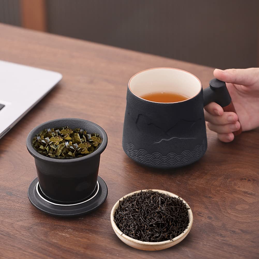 Yuragim Teetasse mit Deckel und Sieb, 400 ml Teesieb für losen Tee Tasse, Teetassen aus Keramik für Losen Tee Oder Beutel mit Holzgriff, Den Täglichen und Bürogebrauch für Einweichen Tee
