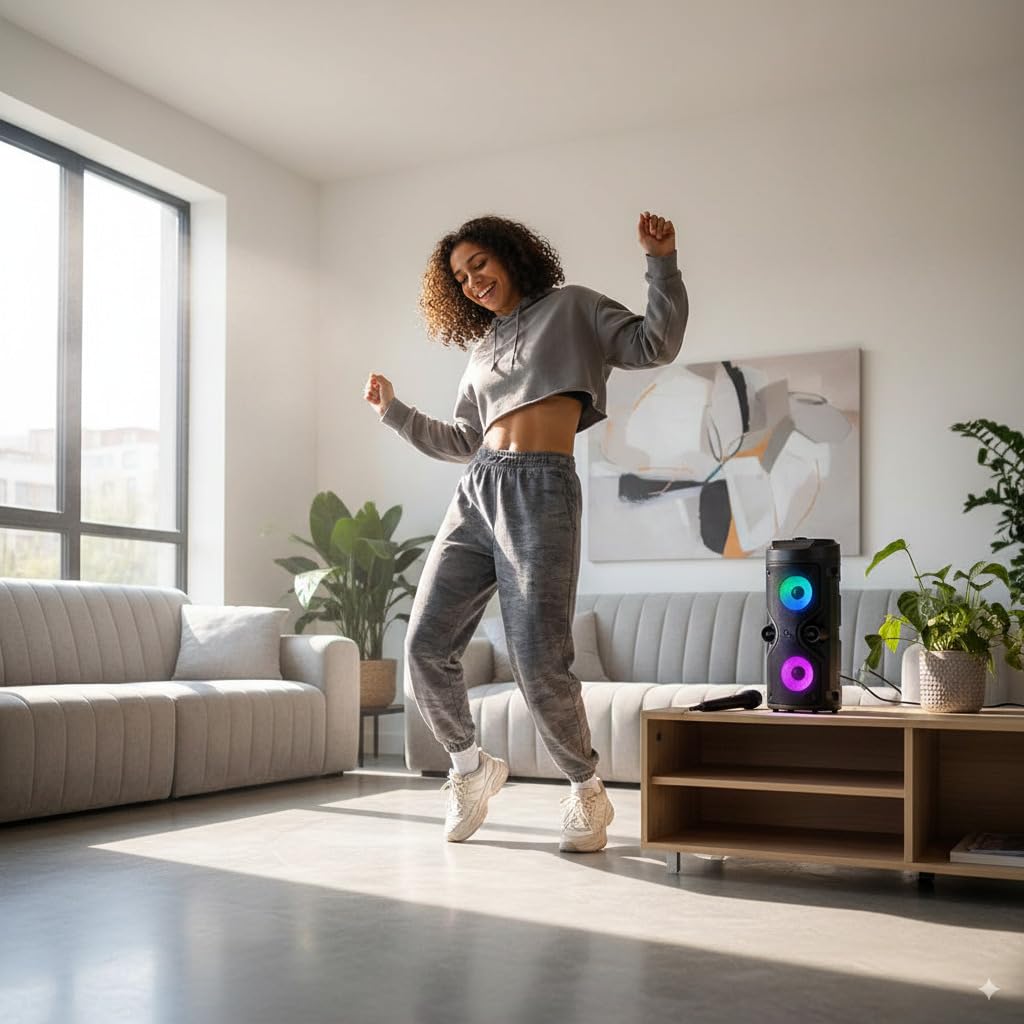 Altavoz Bluetooth – Altavoz Portátil con Modo Karaoke y Micrófono, Radio FM Y Lector USB y SD, Luces LED Discoteca, Altavoz Inalámbrico