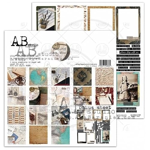 AB Studio - Lot de 8 feuilles de scrapbooking "Around The World" - 30 x 30 cm + page bonus