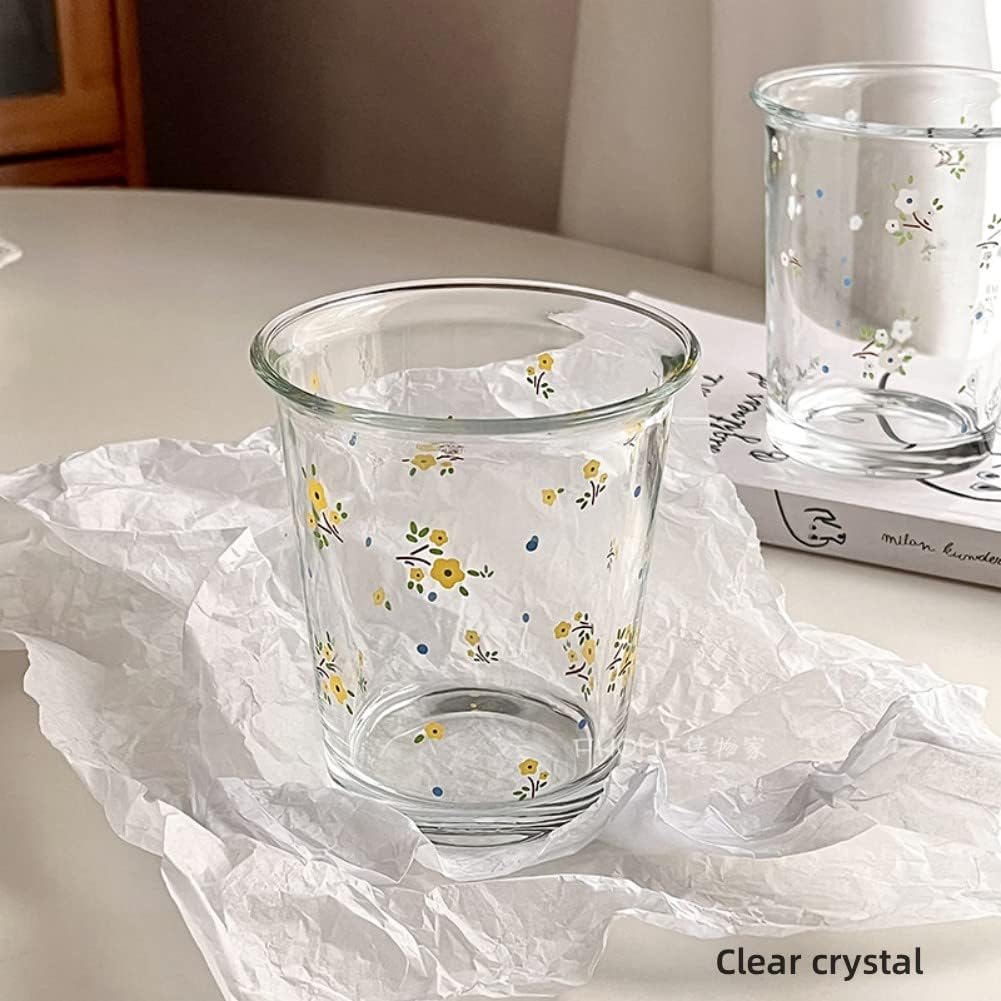 Set of 2 12 OZ Floral Drinking Glasses French Glass Coffee Cup Cute Flower Glass Cups for Iced Coffee,Tea,Juice,Latte,Milk,Dessert,Stackable Glassware Drinkware Set(white yellow) - Image 6