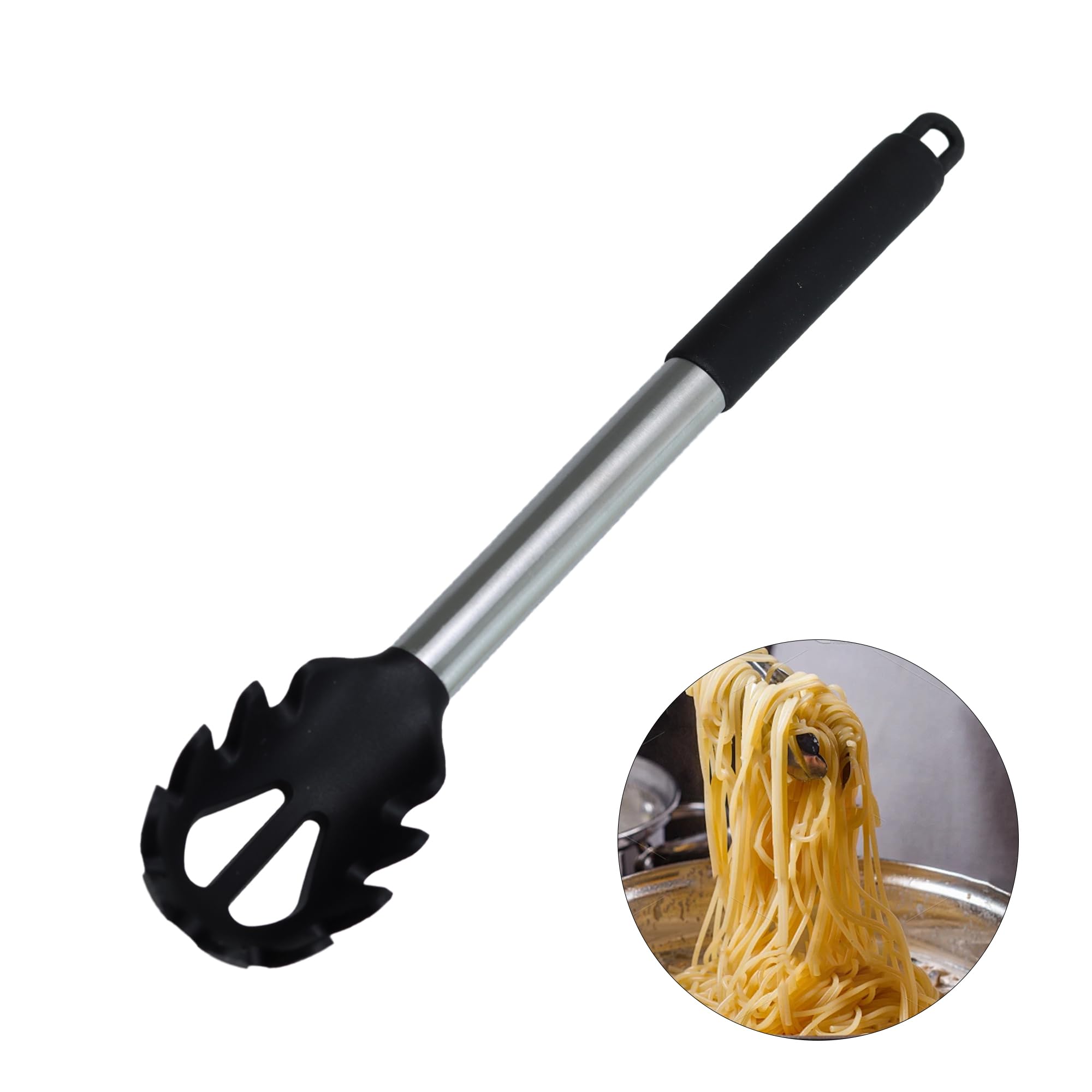 LVYKING Silicone Pasta Fork, Heat Resistant Spaghetti Spoon with Stainless Steel Handle, Noodle Spoon for Pasta Serving, Spaghetti Server Fork Cooking Tool (Black)