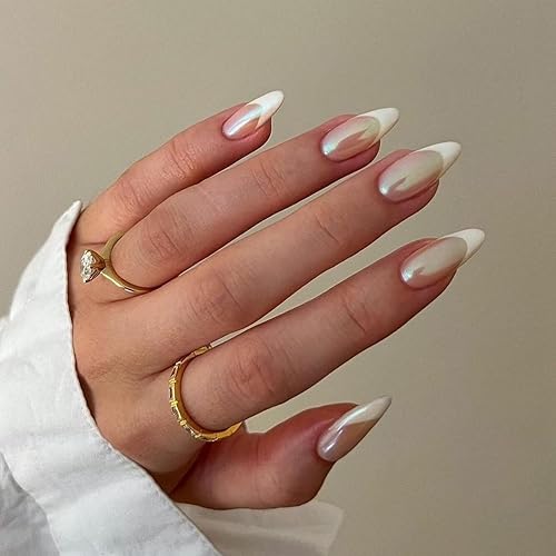 Chrome White French Tip Press on Nails Medium Almond,KQueenest Natural