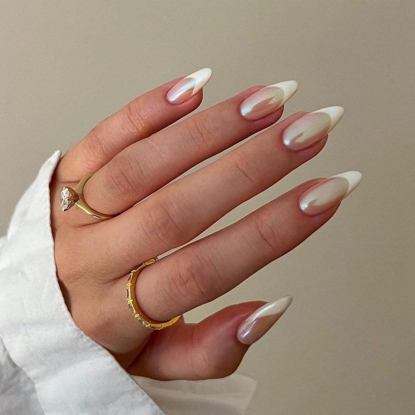 Chrome White French Tip Press on Nails Medium Almond,KQueenest Natural Nude Color Full Cover Gel Nails Press On,Sturdy Shimmer Fake Nails Acrylic
