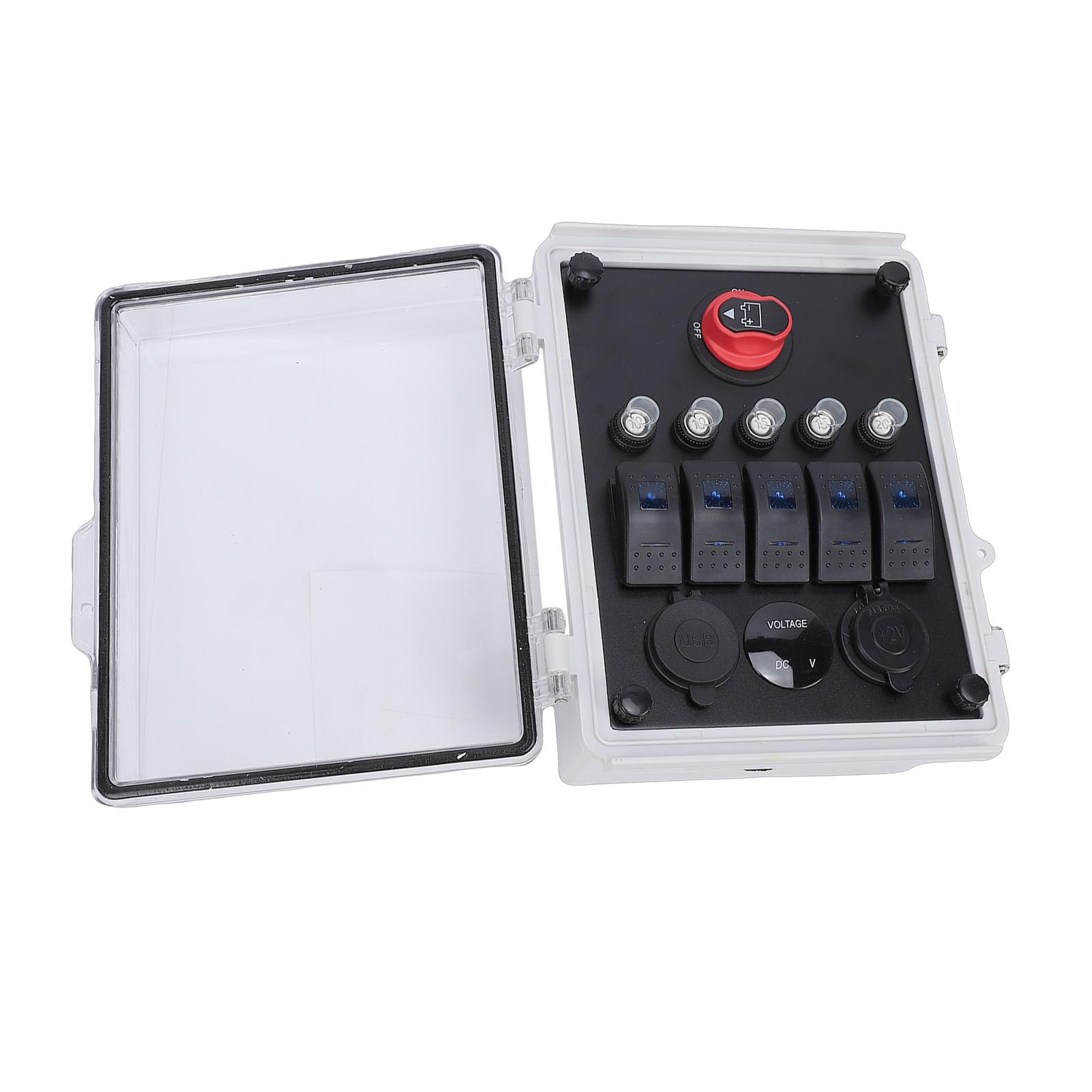 Bewinner Caja de Panel de Interruptor Basculante a Prueba de Agua de 5 Bandas con Cargador USB PD, Enchufe para Encendedor y Voltímetro LED para Camión, RV, ATV, Barco Marino, Caja de Distribución