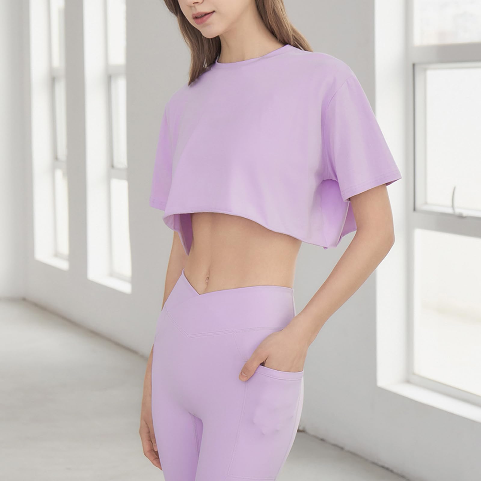 Damskie Sportowe Topy Slim Fit PrzycięTe Topy Do Jogi T Shirt Cover Ups,Purple,S