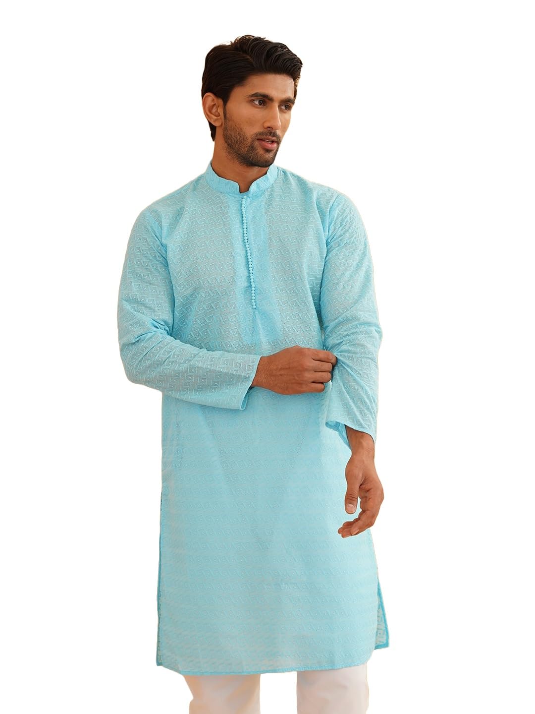 Sojanya (Since 1958 Ethnic Motifs Embroidered Thread Work Pure Cotton Sky Blue Straight Only Kurta