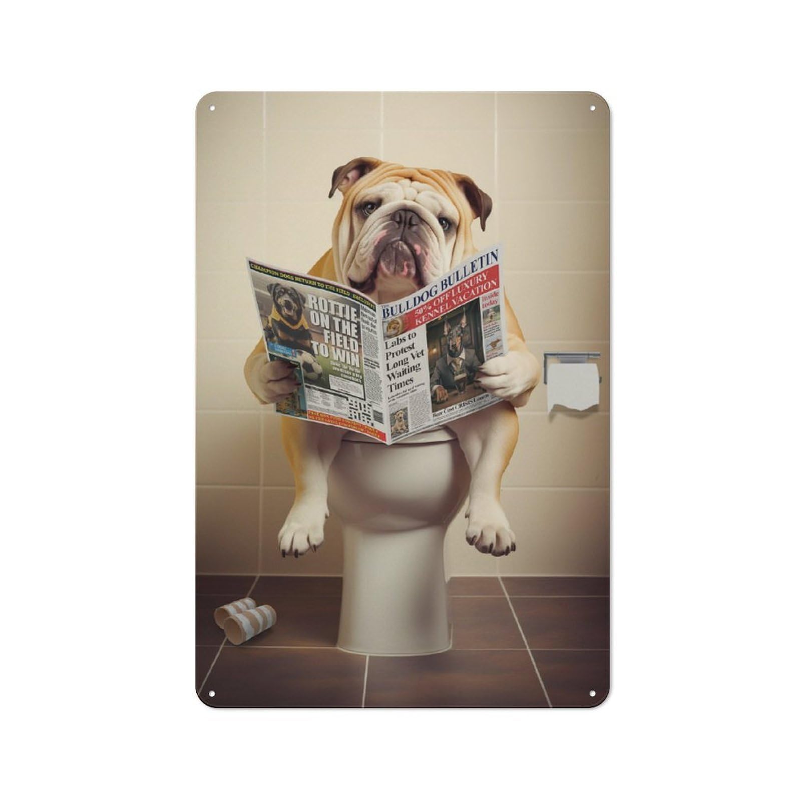 Junmoney Bulldog On The Toilet Printed Metal Sign 30X20cm For Lounge Or Reading Corner, For Vintage Wall Decor Fans, For Themed Room Decoration