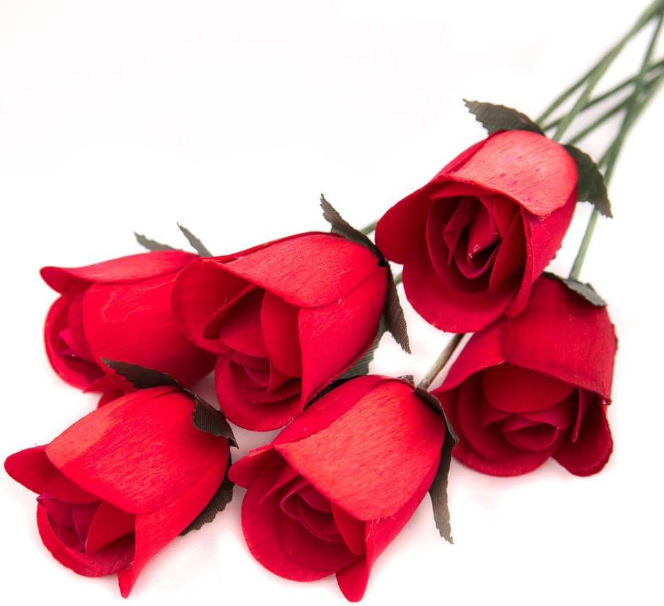 6 Red Half Open Bud Wooden Roses for Crafts Custom Bouquets and Other Projects. 16 Colors to Choose from.