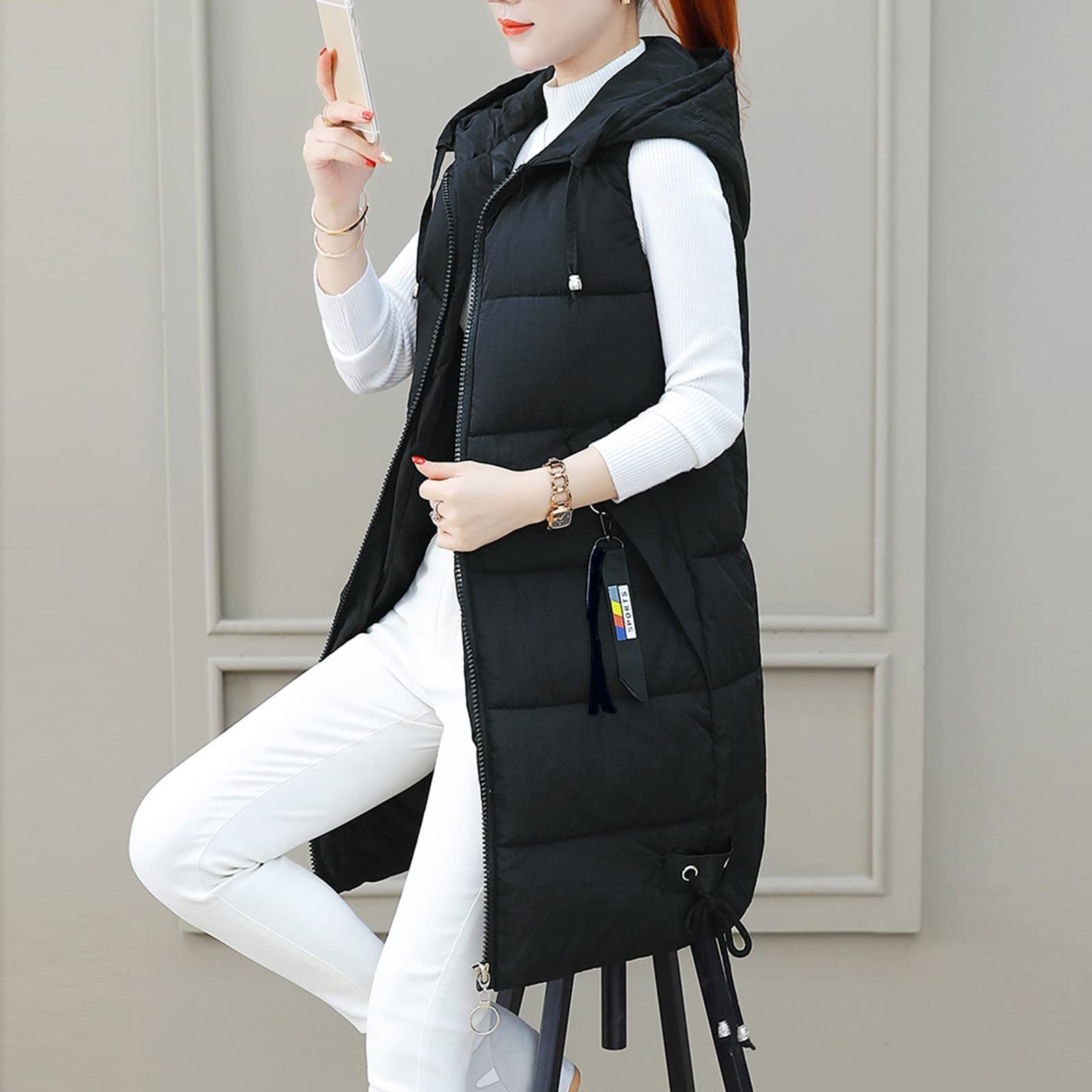 Steppweste Damen Lang Mit Kapuze Rollkragen Puffer Weste Zipper Casual Lange Steppweste Frauen Dicke Daunenweste Ärmellos Winterjacke Warm Gesteppt Übergangsweste Mit Taschen Longweste