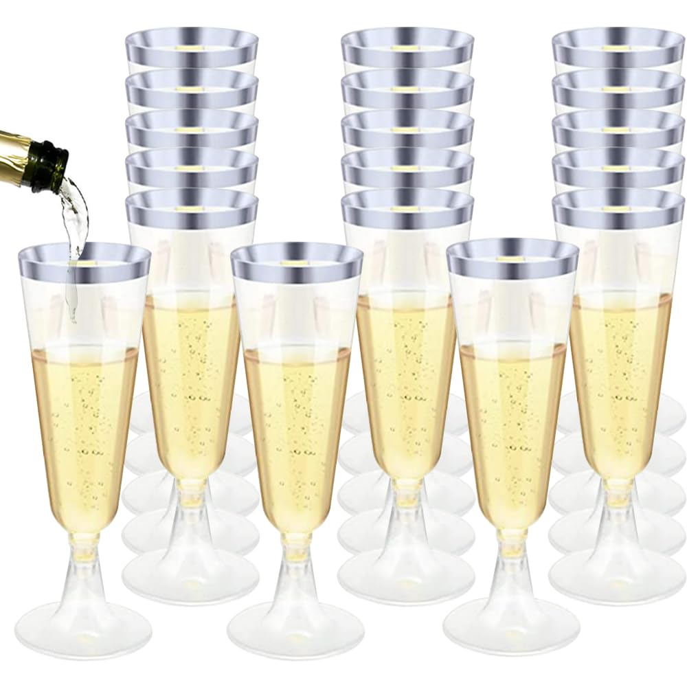 YZDZSWPlastic Toasting Glasses - 25 PCS Disposable Clear Plastic Champagne Flutes for Wedding Party Cocktail Mimosa Cups (Silver)