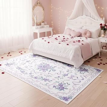 CCoutueChen Light Purple Area Rug 5x7 Girls Purple Floral Rug for Bedroom Nursery Indoor Non-Slip Rug Elementary Classroom Playroom Floor Carpet for Daycare Living Room