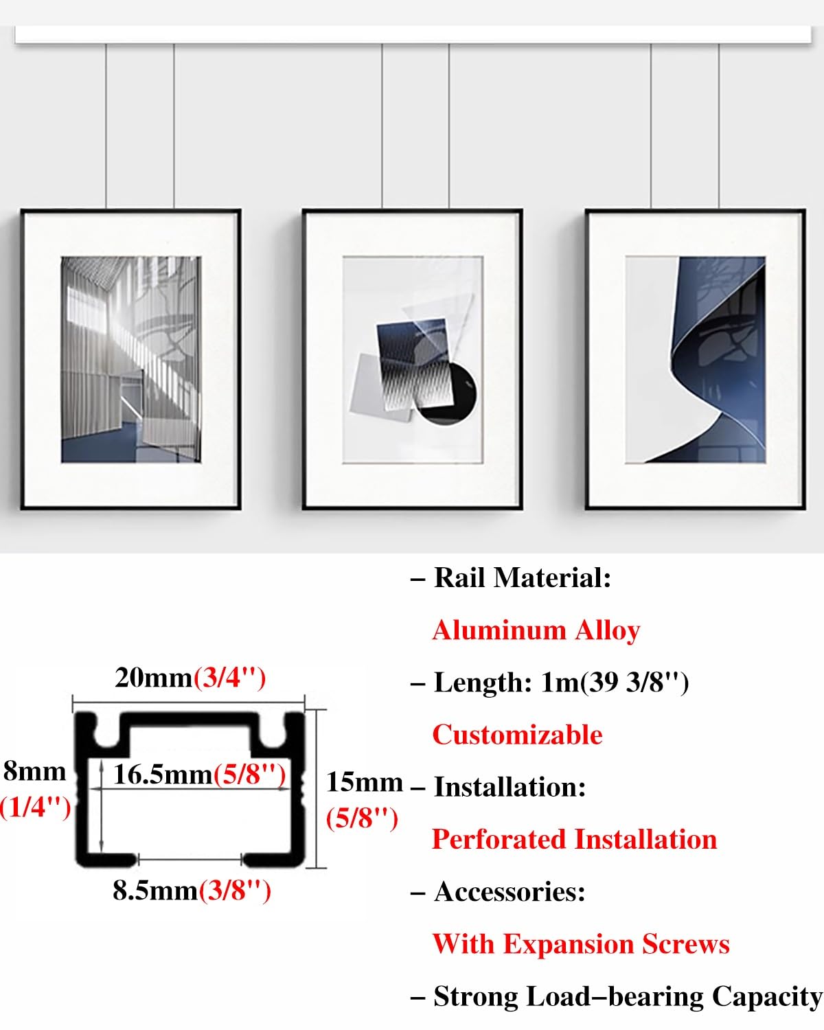 Generisch Verstellbare Bilderaufhänger für Wohnmobilwände – Komplettes Kunstdisplay-Set mit anpassbarer Schiene und 1,6'/0,5 m langem Kabel – Perfekt zum Aufhängen von Fotos und Kunstwerken
