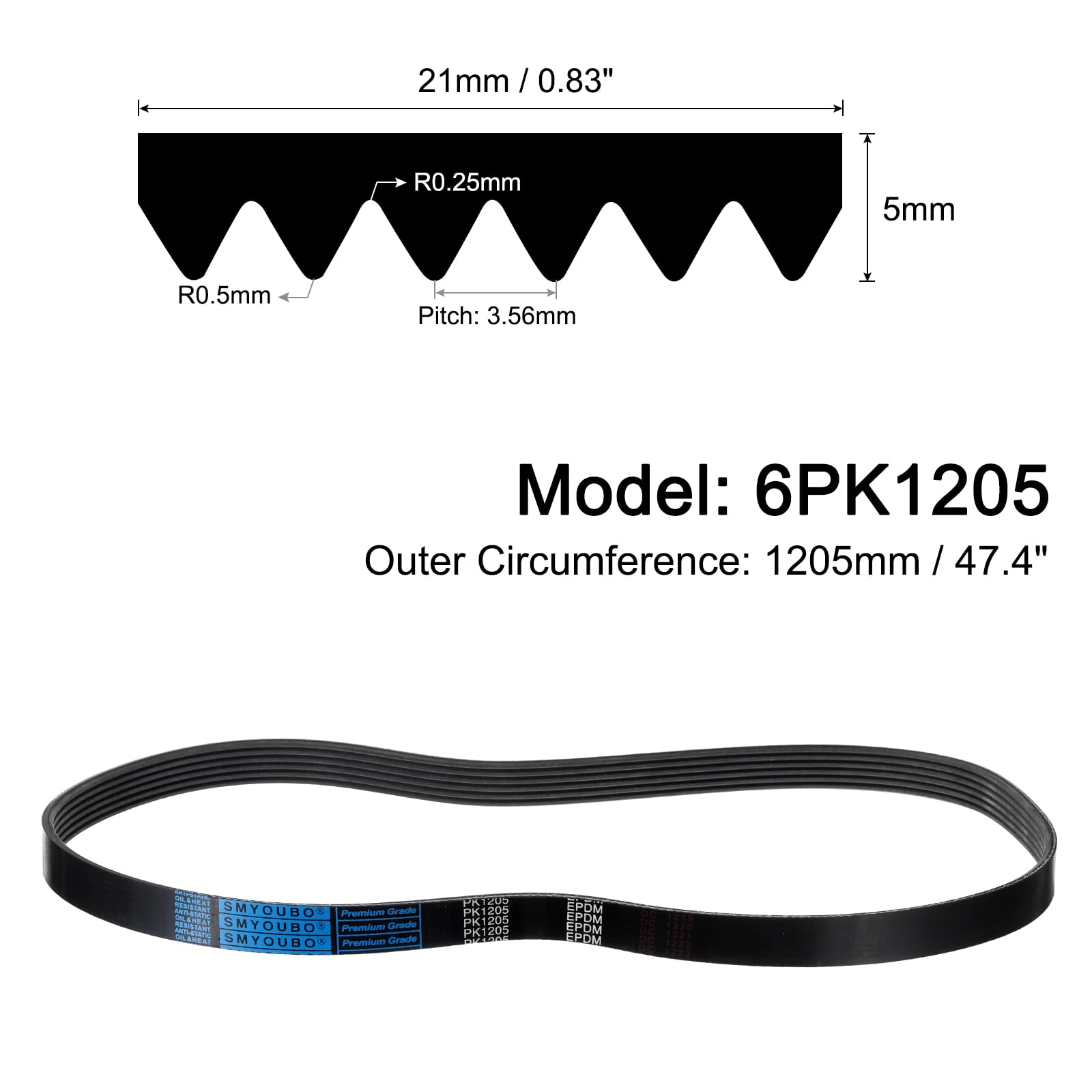 6pk1200 Poly V QUARKZMAN Courroie Striée 6Pk1200 6 Côtes 1200mm De Courroie Trapézoïdale 6pk1200