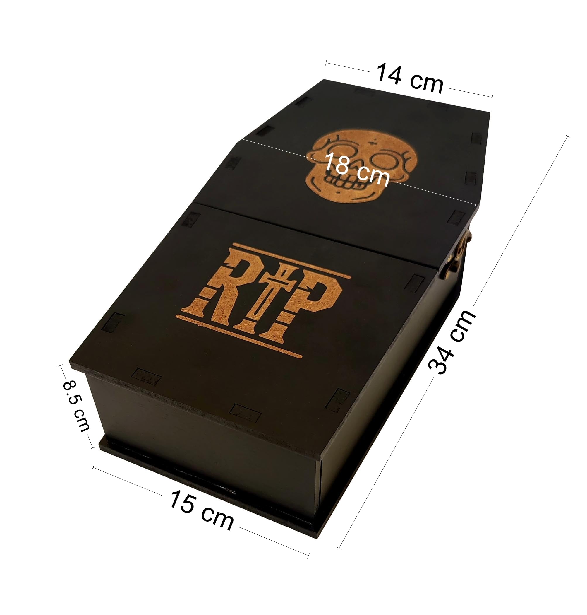 Wooden World - Scatola contenitore a forma di bara - con motivo di teschio e scritta RIP Decorazione di Halloween - nera