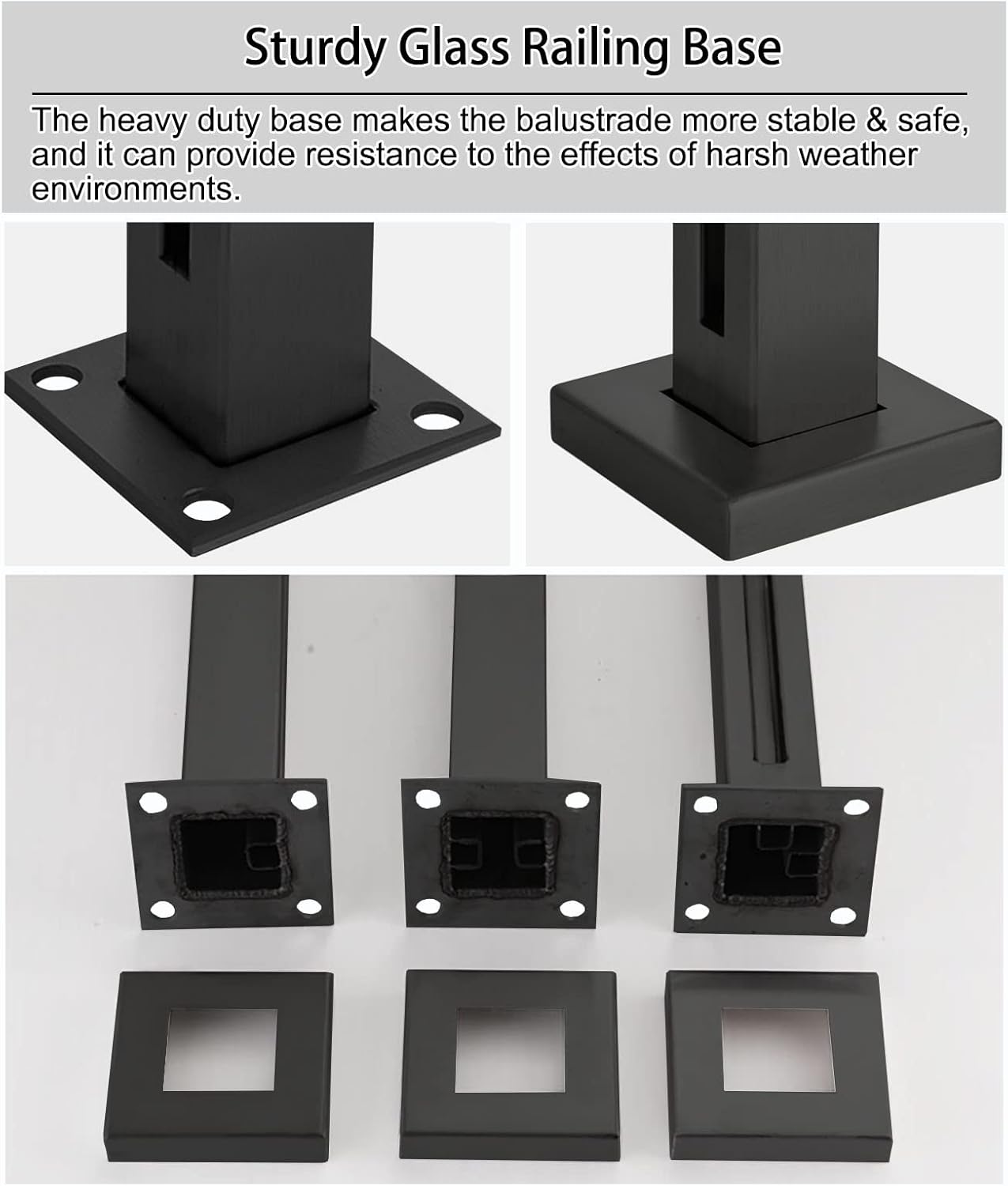 Freestanding Black Glass Railing Post for Balcony & Stairs, 43.3" Height, Durable Metal Support for Interior/Exterior Safety Balustrade System