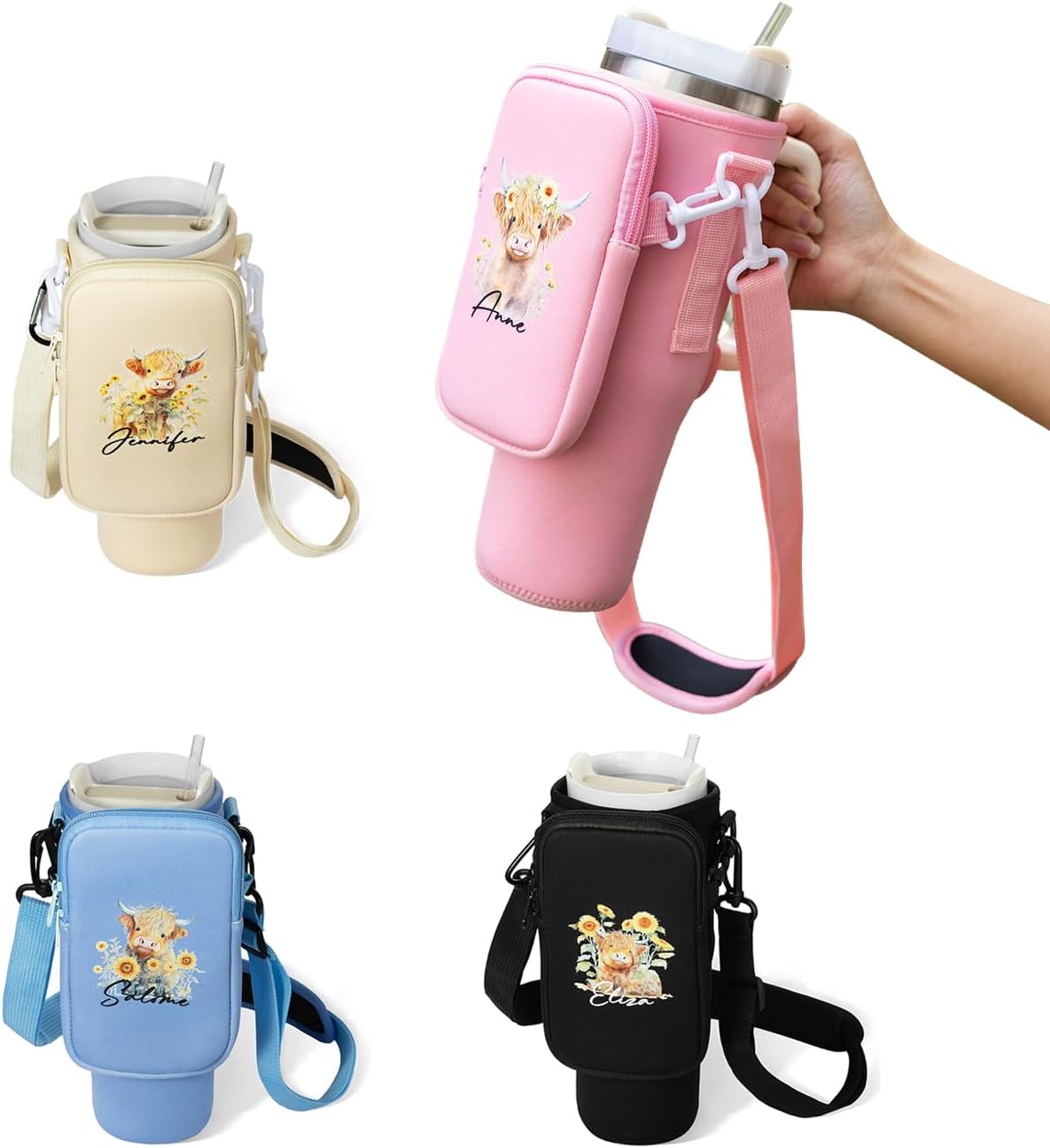 Personalized Water Bottle Carrier Bag with Pouch Gift for Her Tumbler Carrier Water Bottle Holder Drink Carrier Custom Name Water Bottle Sling Bag Sunflower Highland Cow Tumbler Holder