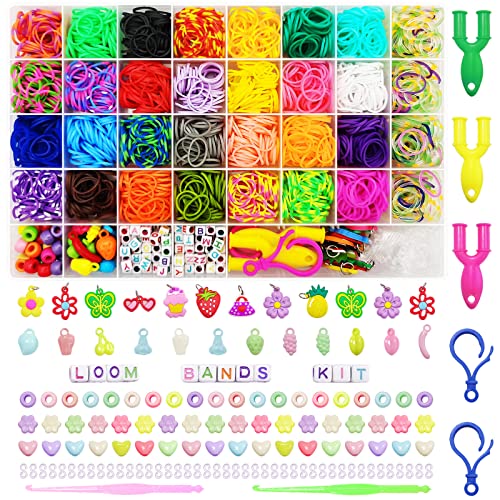 Loom Bänder Set, 2700+ DIY Gummibänder Kit für Kinder, 32 Farben Bunte Rubber Loops Gummis Bands Loombänder mit 4 Satz Alphabet-Perlen, Armbänder Selber Machen Basteln Geschenk für Jungs Mädchen Cover