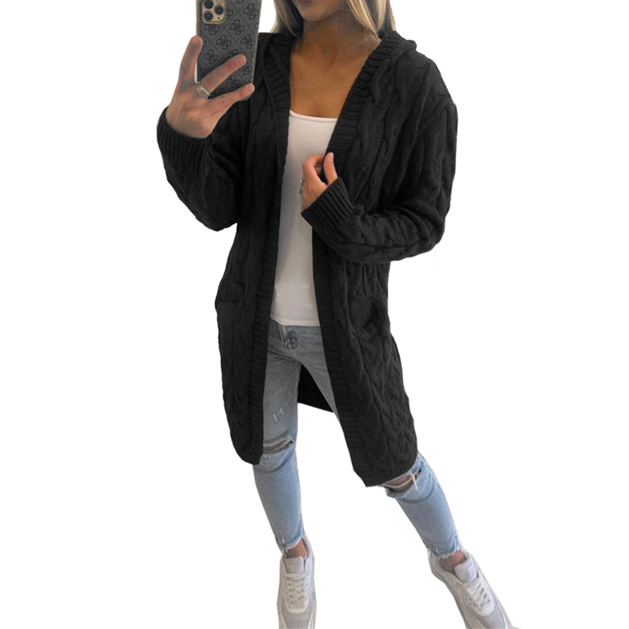 Hooded Chunky Cable Knit Cardigan Long Warm Winter Hood Open Front (Black)