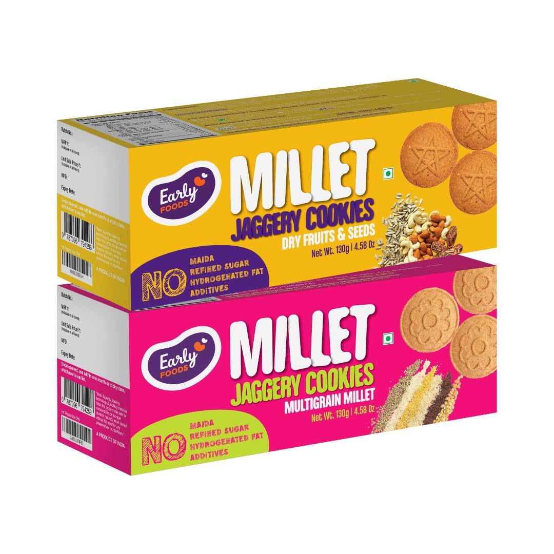 Early Foods Assorted - Dry Fruit & Multigrain Millet Jaggery Cookies, 2 X 130 g | Sugarfree cookies | snacks for kids