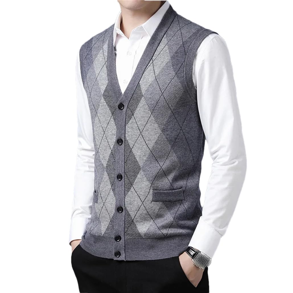 Dninmim Hombres Patchwork Argyle Suéter Grueso Chaleco Hombre Casual Cuello en V Punto Tank Tops Abrigo Gris Mediano XL-180, Gris medio., XL