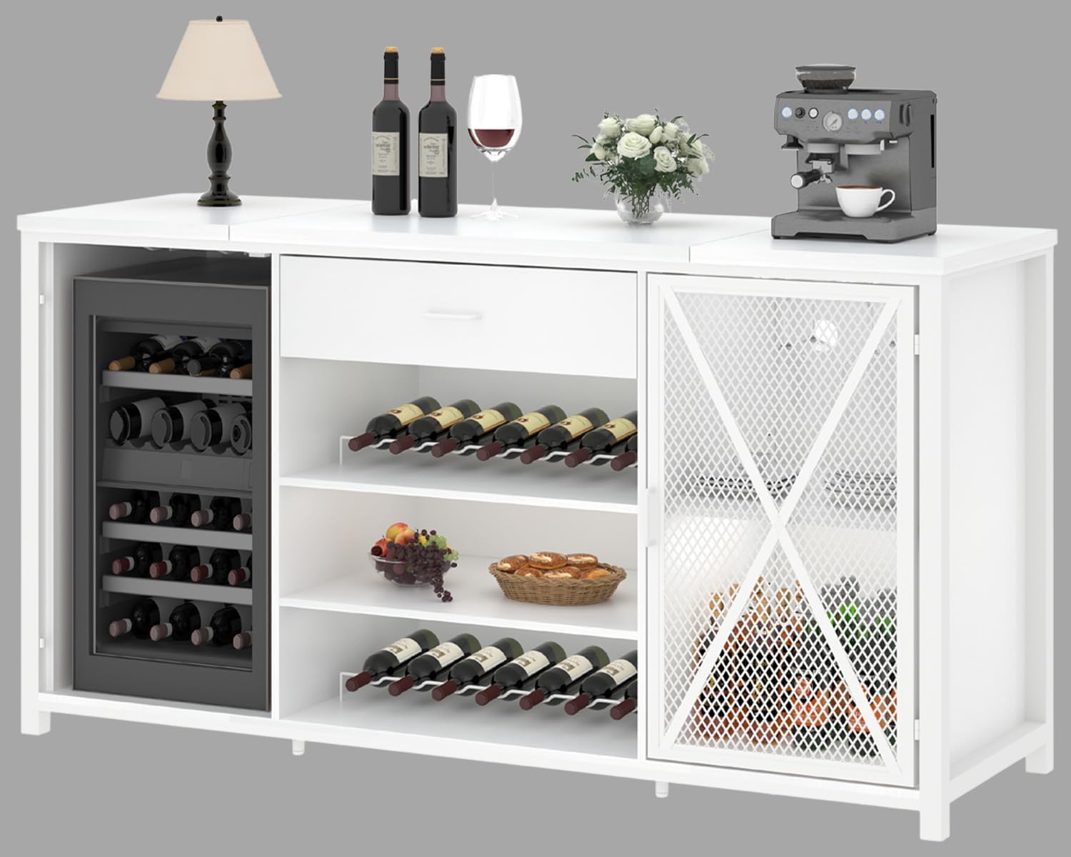 LVB Coffee Bar Cabinet with Fridge Space, Modern Large White Wine Cabinet with Cooler,Wood Metal Long Liquor Cabinet with Drawer, Farmhouse Sideboard Buffet for Kitchen Dining Room, White Oak, 70 Inch