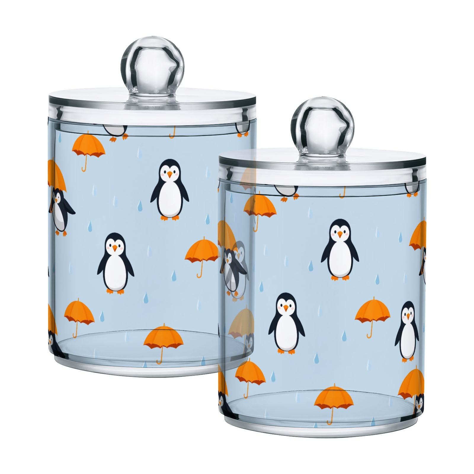 Qtip Holder with Lid Set 10oz Clear Glass Canister Apothecary Jars Bathroom Organizers Storage Accessories Vanity Containers Penguin