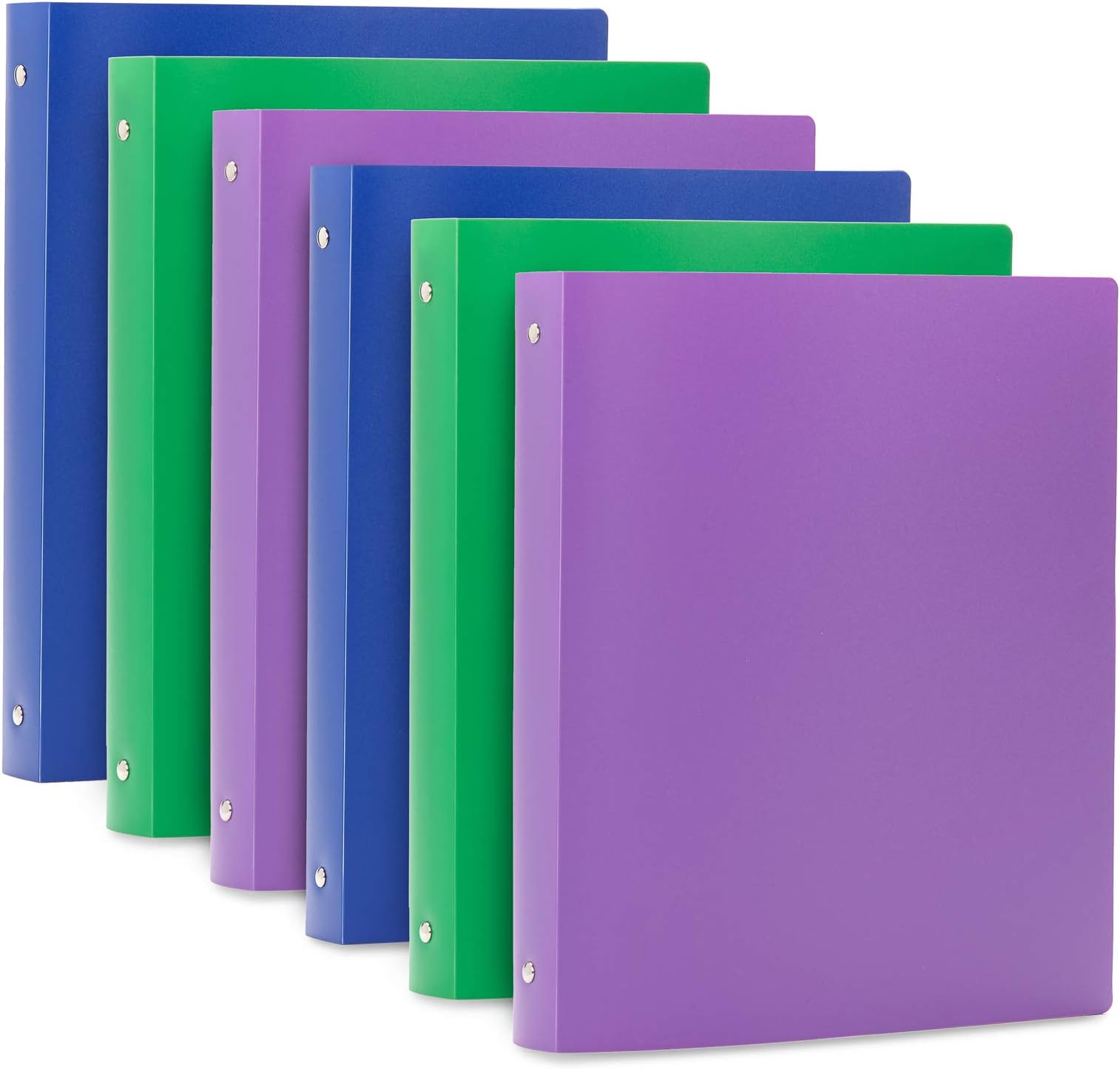 6 Pack 3-Ring Plastic Binder, 1-Inch Flexible Binder, Soft Cover with Pocket, Assorted Colors with Blue, Green, and Purple Bendable Binders