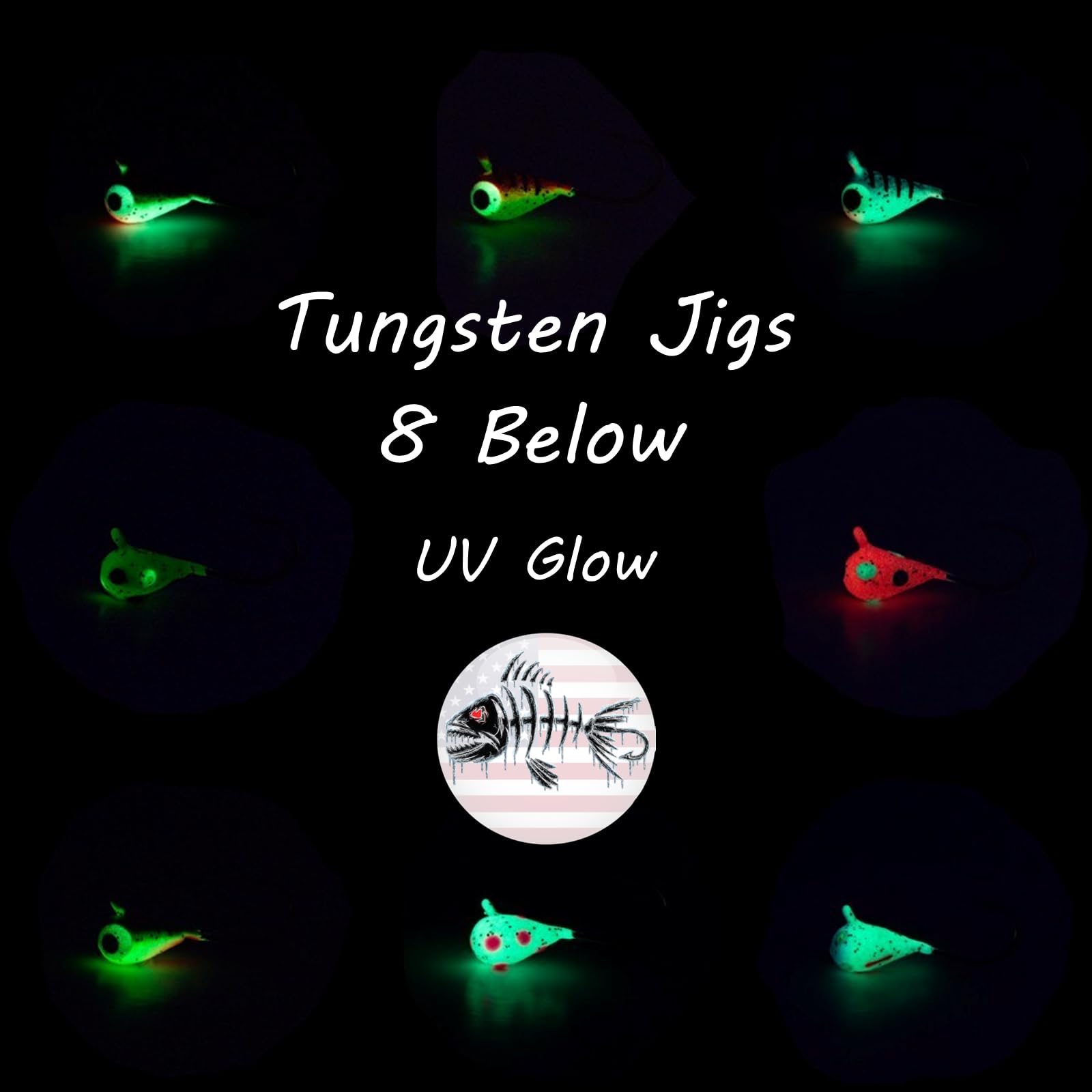 Fishbone 8 Below Tungsten UV Glow Ice Fishing Jigs – 8 Pack 4mm 1.1g #10 Hook, Ice Jig Lures for Walleye, Crappie, Panfish & Trout : Sports & Outdoors