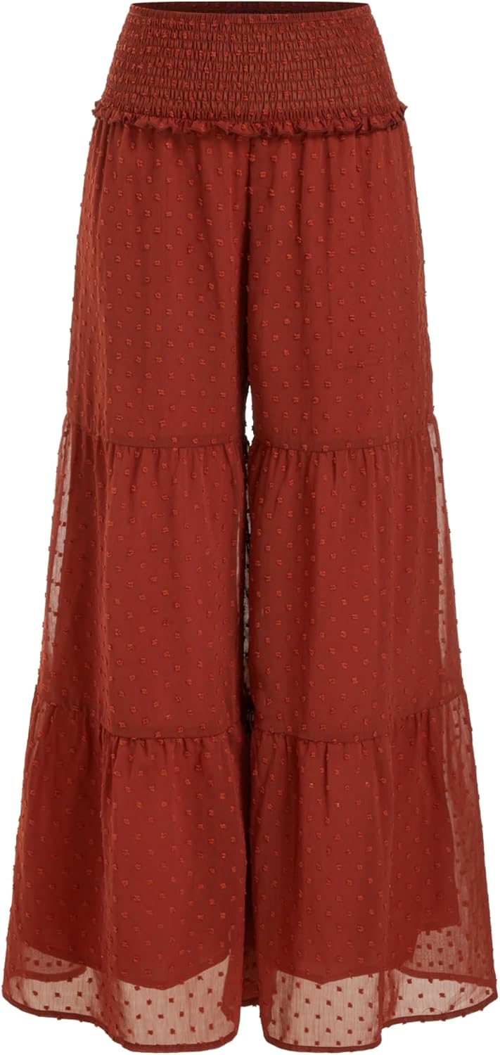 CIDER Womens Wide Leg Pants Palazzo Pants Elastic Waist Ruffled Hem Flowy Boho Summer Casual Fashion Outfits