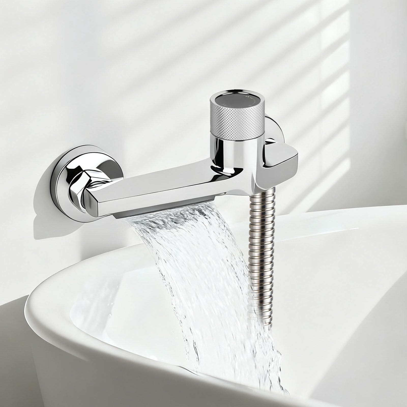 Grifo de bañera con termostato con 2 salidas, grifo de ducha con botón de seguridad, grifo mezclador para bañera y ducha, montaje en pared, cromado