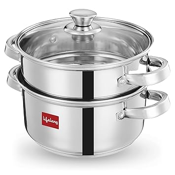 Lifelong 2-Tier Steamer/Momo/Modak Maker | Induction Compitable with Glass Lid & Riveted Handles | 20 cm Stainless Steel Multi-Purpose Cooking Steamer (LLMOM01) - image, photos
