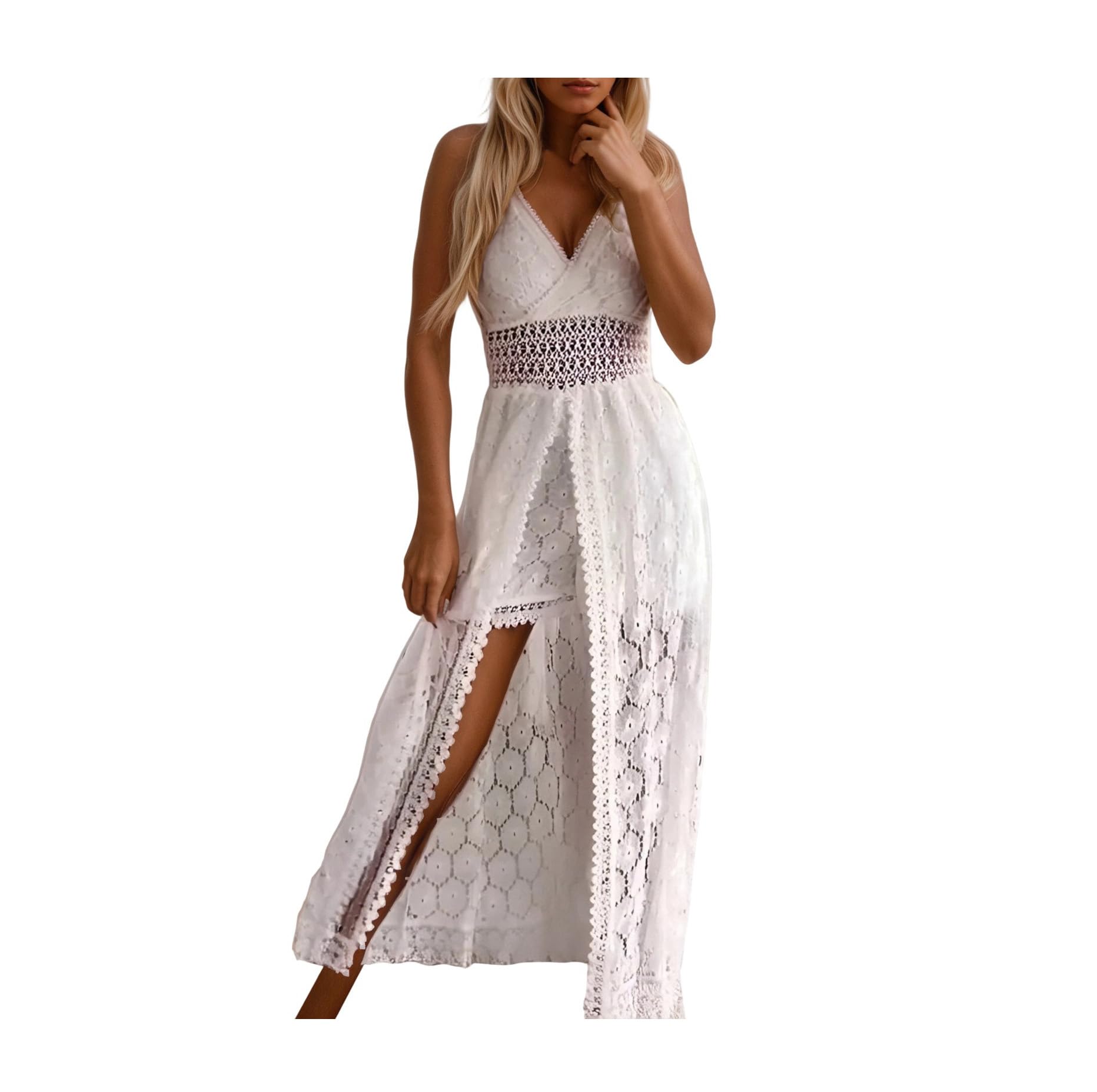 Générique Combinaison Femme Chic pour Soirée sans Manche Évidée Décolleté Col en V Profond Combishort avec Jupe Longue Fendue Tricotée en Bretelle Jumpsuit Sexy Grande Taille