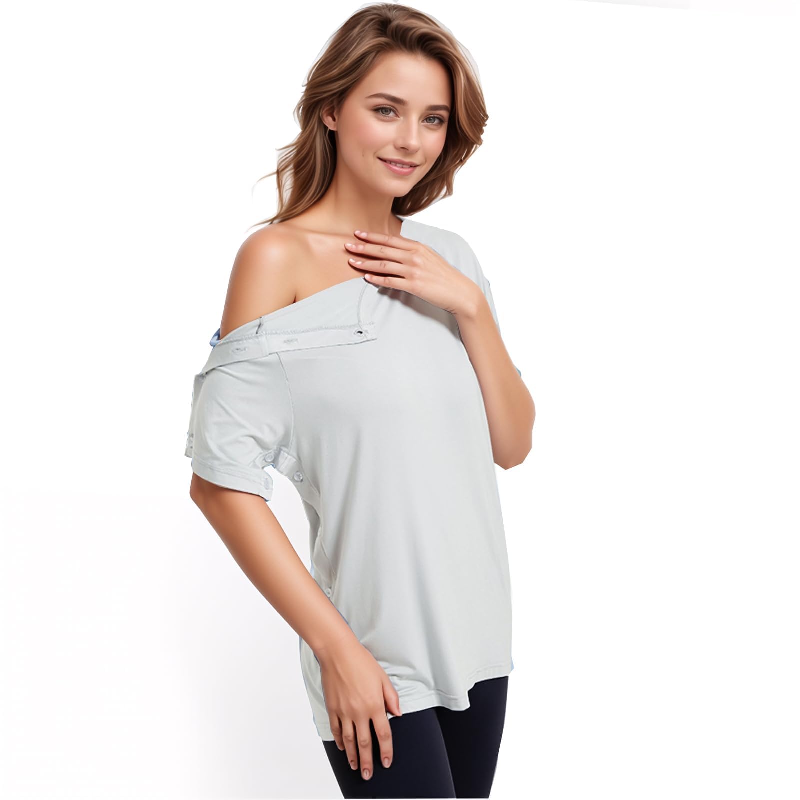 Chemo-Shirt nach der Schulter, vollständig offen, seitlicher Druckknopf, anpassungsfähig, Unisex, Brustöffnung, Chemo-Shirt