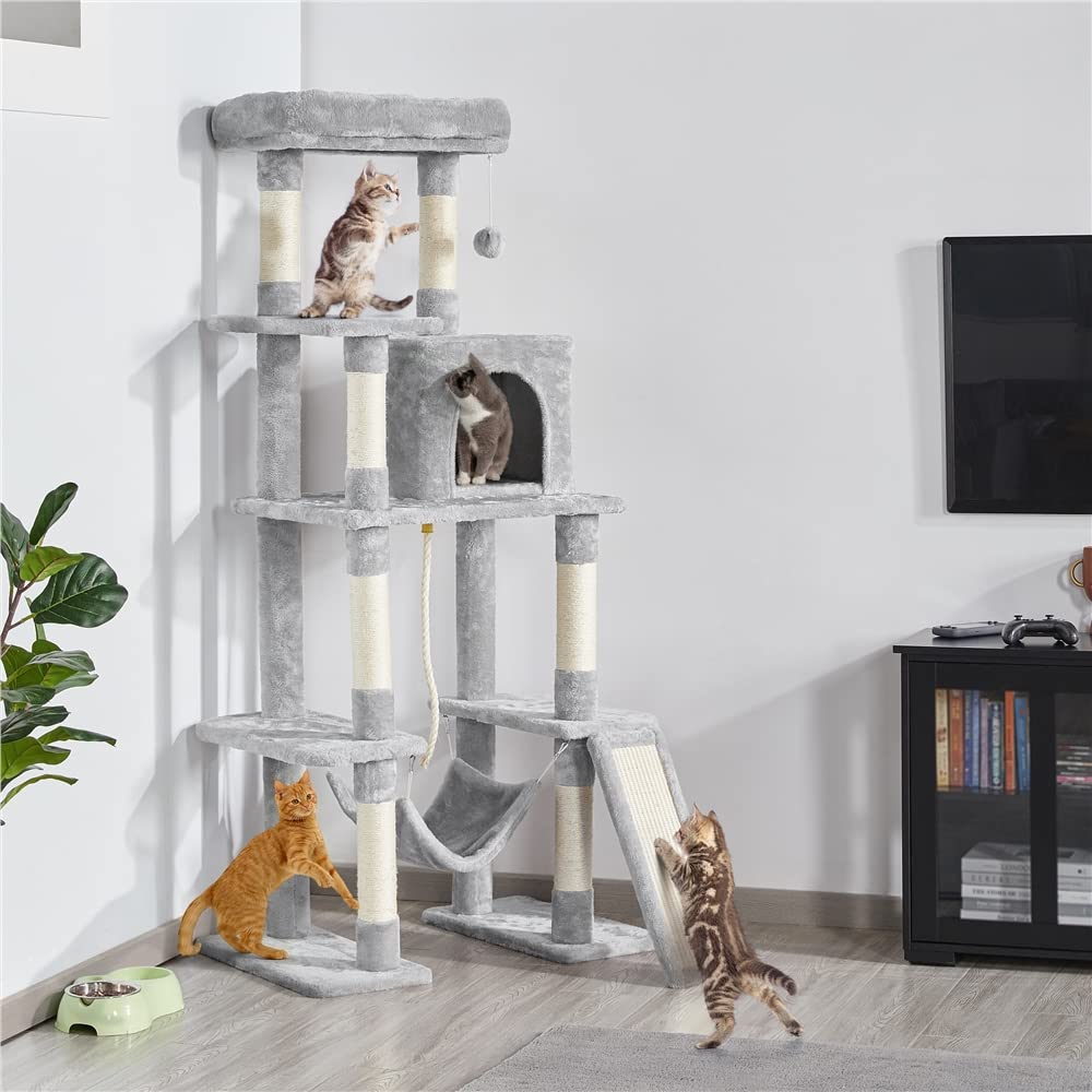 Tiragraffi per Gatti Alto 160 cm Albero per Gatti in Peluche Multilivello con 1 Grotta 2 Trespoli 1 Amaca 1 Pompon Grigio scuro
