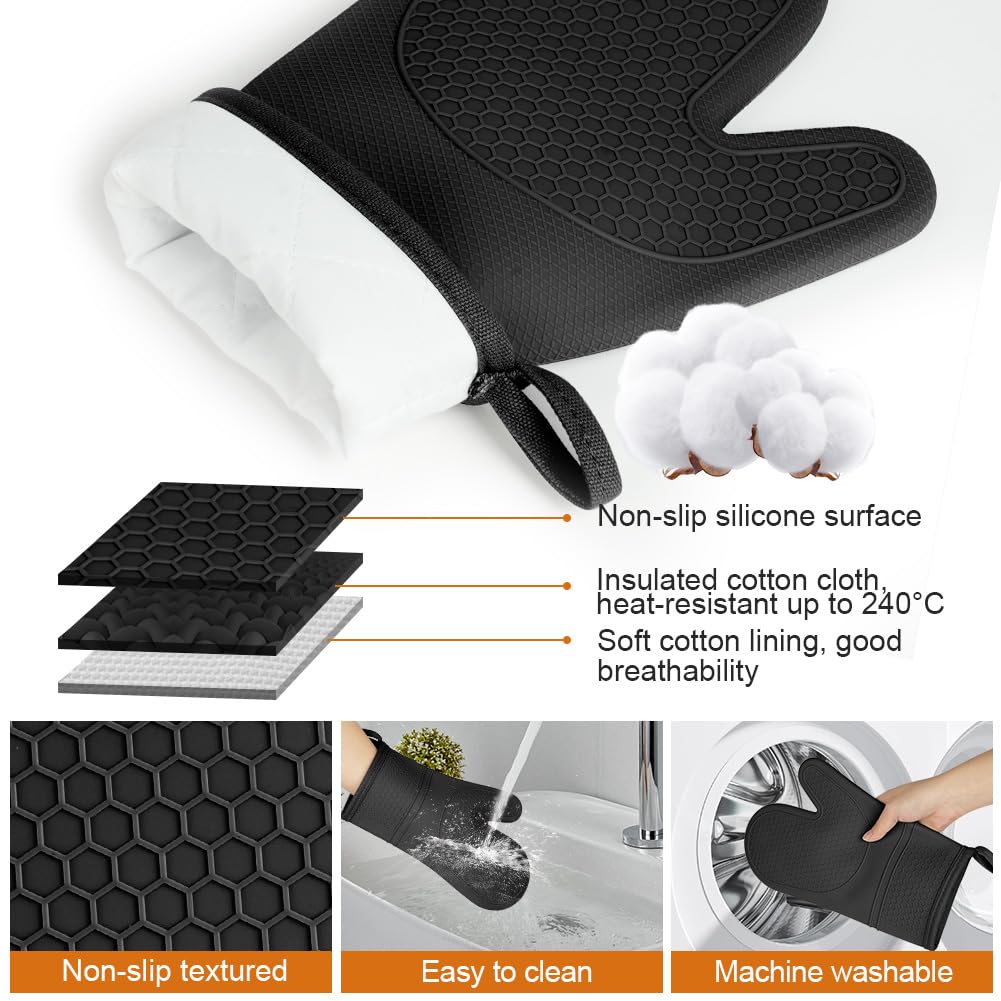 AUAUY 1 Paire Gants de Cuisine en Silicone avec 2 Maniques, Gants de Four Résistant à La Chaleur jusqu'à 240 °C, Gants de Cuisine Antidérapants pour Grillades, Cuisine, Four, Micro-Ondes, Noir