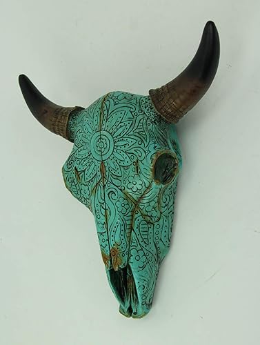 Miniatura 2 de Estatua colgante de calavera de toro tallada tribal floral turquesa de resina