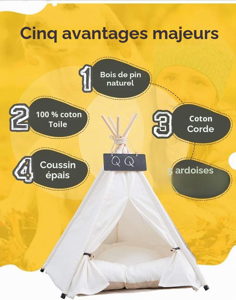 Tente tipi pour animaux de compagnie avec coussin amovible et lavable