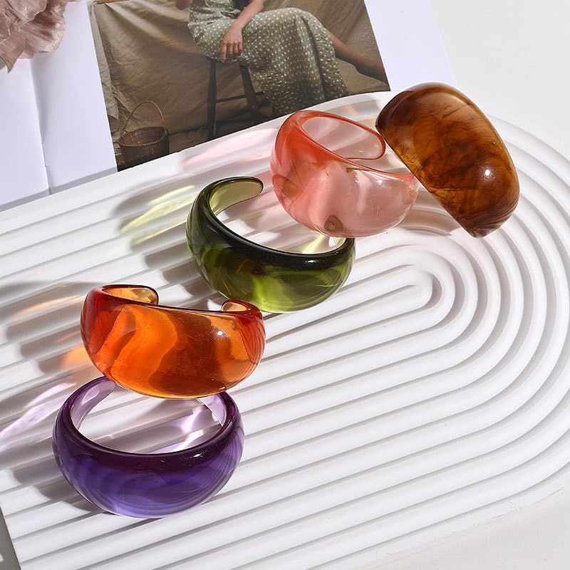 Pingyongchang Colorful Moontooth Resin Open Bracelet for Women Geometric Simple Transparent Wide Cuff Acrylic Bangle Chunky Thick Thin Wide Face Resin Acrylic Cuff Bangle for Women Jewelry - Image 3