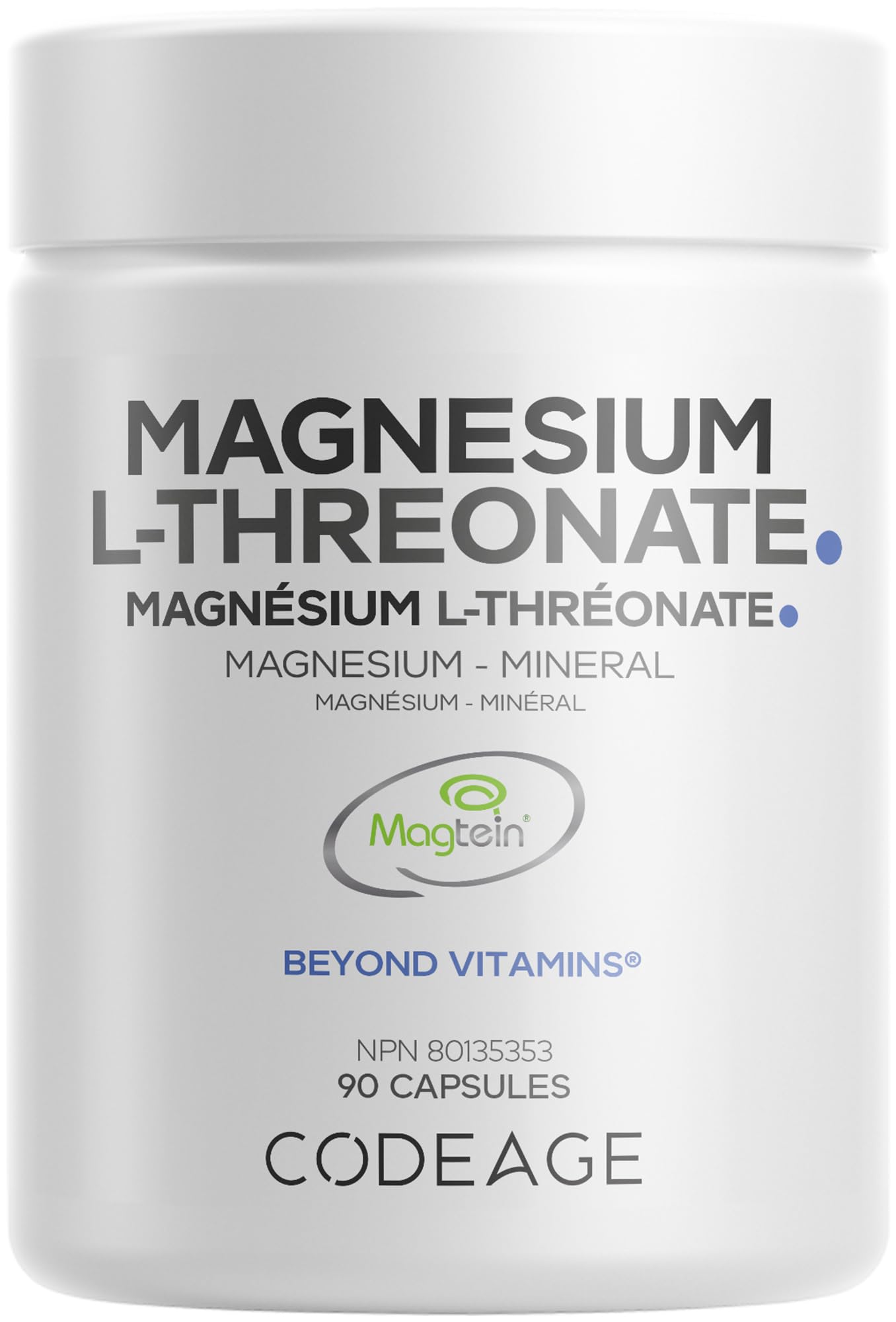 Codeage Magnesium L-Threonate Supplement, Patented Magtein for Energy Metabolism, Bone, Muscle & Heart Support, Electrolyte Balance, Non-GMO, 90 Capsules