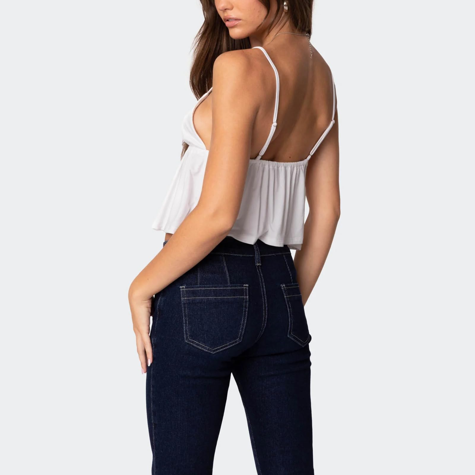 GXNRHG Canottiera Babydoll in Pizzo da Donna Canotta con Cinturino per Spaghetti Scollo a V Volant Peplo Flowy Cami Backless Sexy per Uscire Crop Top Party Streetwear