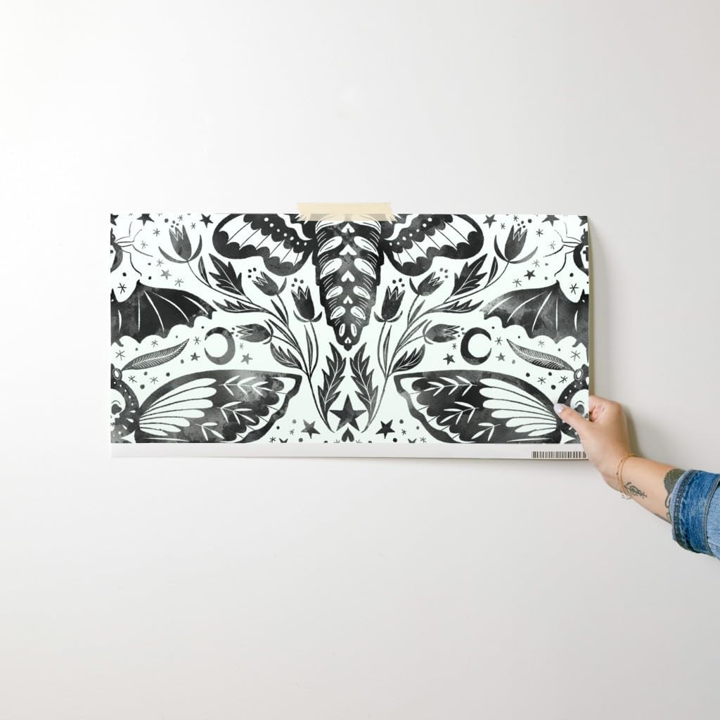 Peel & Stick Wallpaper Swatch - Watercolor Skull Moth Damask Black White Flower Stars Elegant Ink Magic Custom Removable Wallpaper by Spoonflower