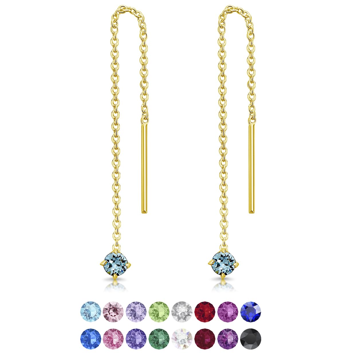 DTPsilver Pendientes Largos Oro Amarillo con 3 mm Cristales Swarovski - Pendientes Colgantes Largos 57 mm - Pendientes de Cadena Larga en Plata de Ley 925 Chapados en Oro Amarillo - Elección de Colores