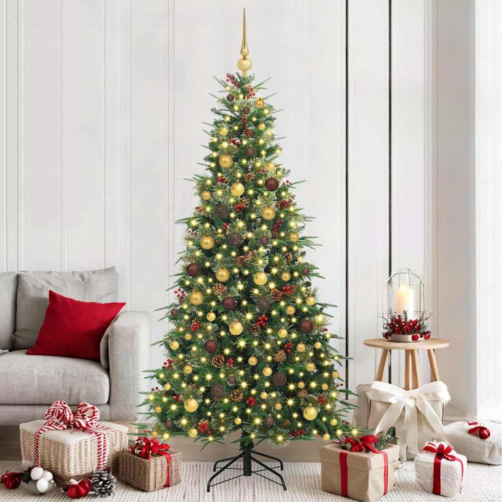 vidaXL Albero di Natale Artificiale con Rami Pieghevoli Verde 210 cm, Albero di Natale a forma di cono, decorazione resistente, luci festive con stringa bianca calda