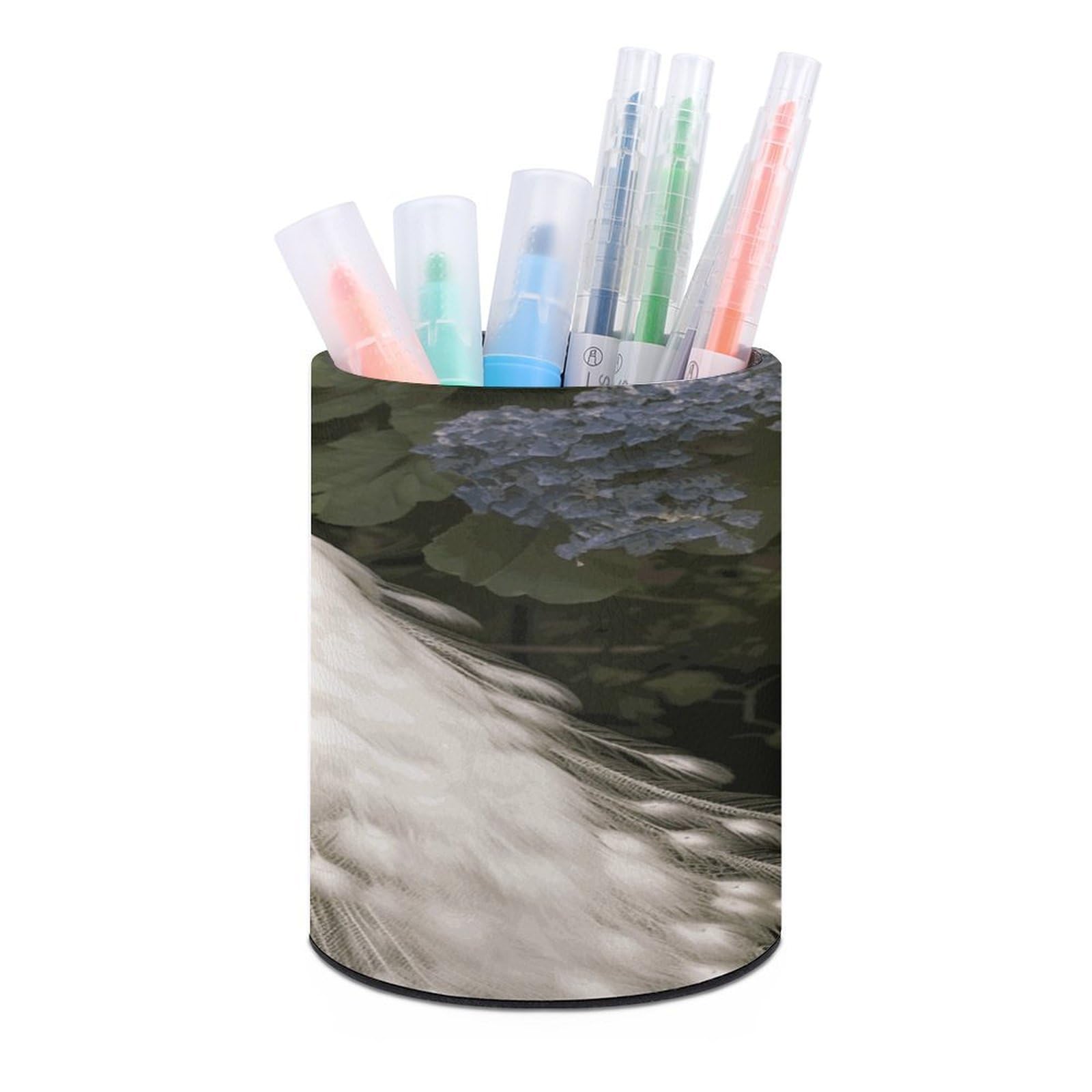 FekiLoot White Peacock Pen Holder Cup Fashion PU Leather Pencil Cup Minimalist Pen Organizer Round Pencil Holder Stand Work Locker Accessories for Decoration Desk Office Home