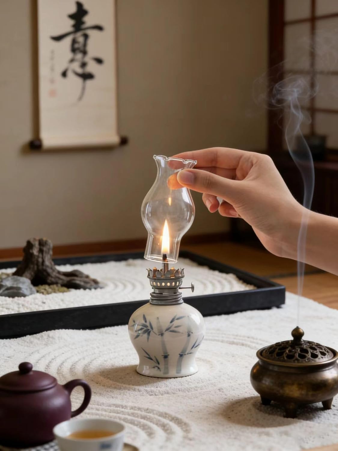 Vintage Oil Lamp, Ceramic & Glass Retro Hurricane Lantern, Multi - Use Kerosene Style Indoor Decor, Kerosene/Oil Lantern for Ambience, Also as Aromatherapy Lamp for Living Room, Bedroom, Café