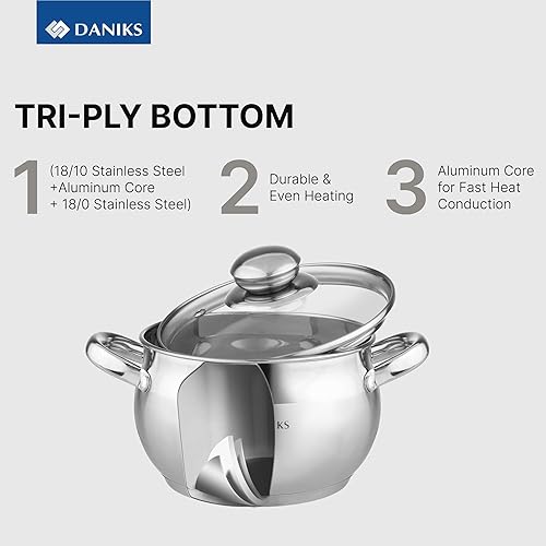 Miniatura 5 de Daniks Juego clásico de utensilios de cocina de acero inoxidable de 11 piezas con cacerola y sartén, tapas de vidrio, compatible con inducción, apto