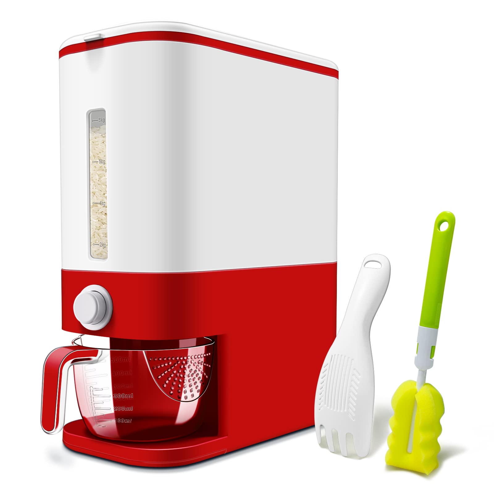 Lenwi 22-25 Lbs Rice Dispenser, Large Cereal Dry Food Storage Containers with Measuring Cup, BPA-Free Household for Kitchen Pantry Organization-Red
