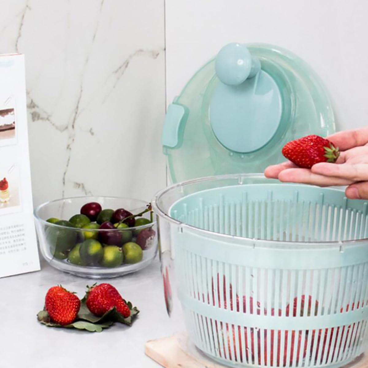 Tofficu Grüner Küchensieb Abtropfkorb mit Handkurbel Abnehmbar Leicht zu Reinigen Multifunktionaler Gemüse Obstkorb Praktischer Aufbewahrungskorb für Haushalt und Spüle