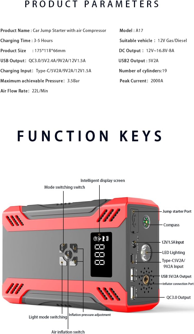 Car Jump Starter with Compress,for 12V Gas/Diesel 10000mA Battery Jump Starter
